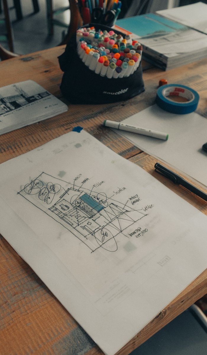 Architect's hand sketch of a house on a drawing table